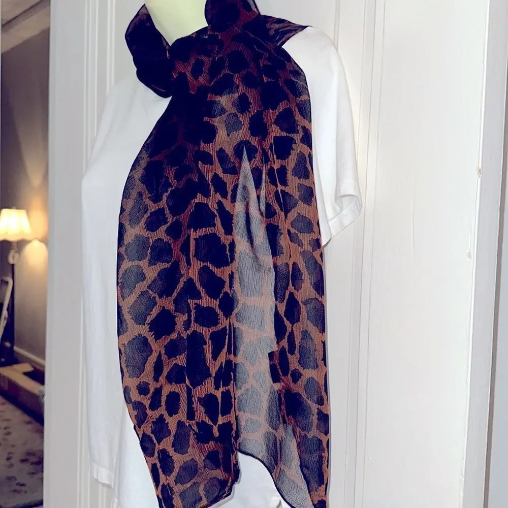 Vintage A. Brod‎ black & orange rayon animal print long semi sheer scarf